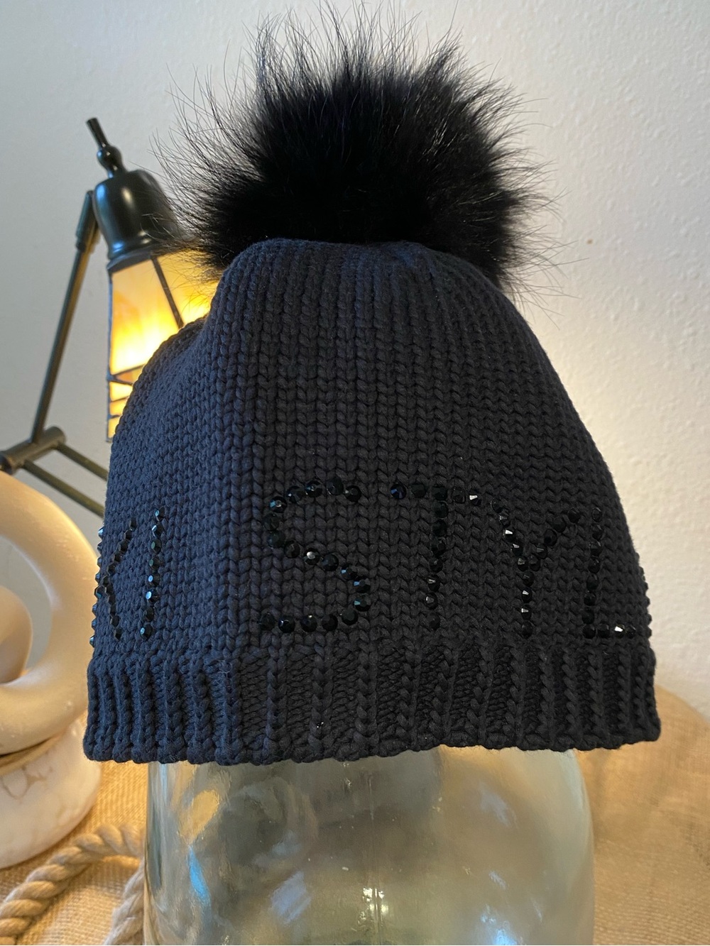Sportalm Black Knit Pom Beanie with Logo Rhinestones